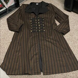 Gothic military look Brown Striped Long Coat with hook eye fasten